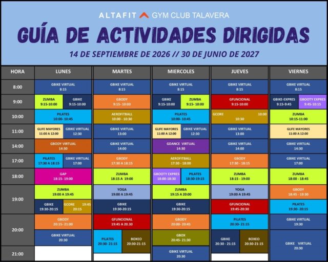 📣 ¡NUEVA TEMPORADA, NUEVOS HORARIOS! 💪🔥

A partir del lunes 14 de septiembre estrenamos nuestra nueva guía de actividades dirigidas en Altafit Talavera.

Zumba, Pilates, GBike, GBody, GFuncional, Yoga, Boxeo, GAP, Aerofitball… y muchas opciones más para que puedas combinar, probar y encontrar esa clase que haga que entrenar sea uno de tus momentos favoritos del día. 🧡

🌅 ¿Eres de primera hora? Tenemos clase para ti.
☀️ ¿Prefieres aprovechar la mañana? También.
🌙 ¿Lo tuyo es entrenar después del trabajo? ¡Te esperamos!

Y recuerda: no tienes que hacer siempre lo mismo. Prueba, combina y encuentra la forma de entrenar que mejor encaje contigo.

📌 Guarda esta publicación para tener siempre a mano los nuevos horarios y envíasela a ese compañero de entrenamiento que tiene que apuntarse contigo. 😉

🗓️ En vigor del 14 de septiembre de 2026 al 30 de junio de 2027.

Más información:
☎️ 925 054 719
📧 talavera@altafit.es
📍 C/ Santa Sabina, 3. Talavera de la Reina

#AltafitTalavera #Altafit #ClasesColectivas #ActividadesDirigidas #NuevoHorario #Zumba #Pilates #GBike #Yoga #Entrenamiento #GymTalavera #TalaveraDeLaReina #EntrenamosJuntos